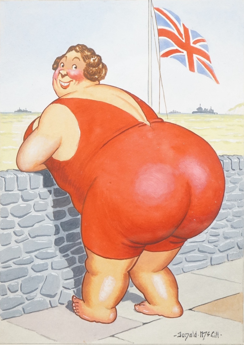 Donald McGill (1875-1962), original watercolour / gouache, 'British and proud of it!', signed, 22 x 16cm. Condition - fair